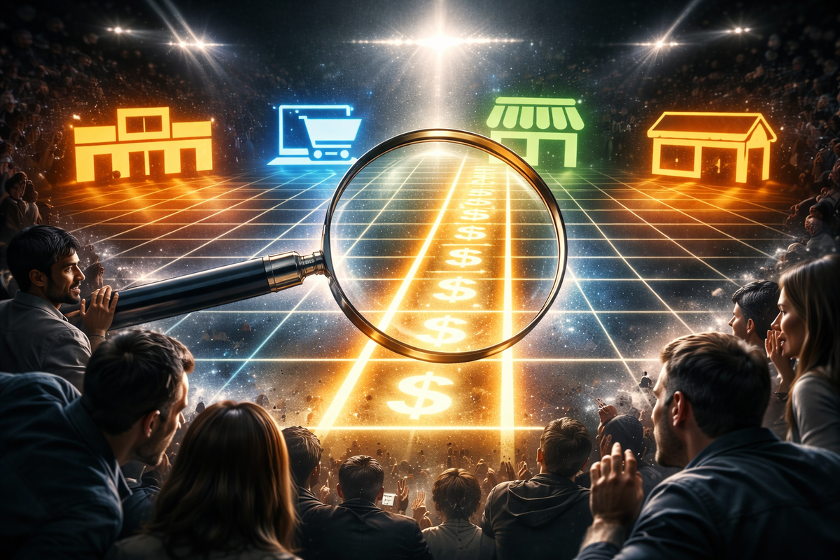 Arena-style price showdown with a magnifying glass over a dollar-lit track and store icons—skeptical scrutiny turning into shock, competitive heat, “who’s cheapest” drama