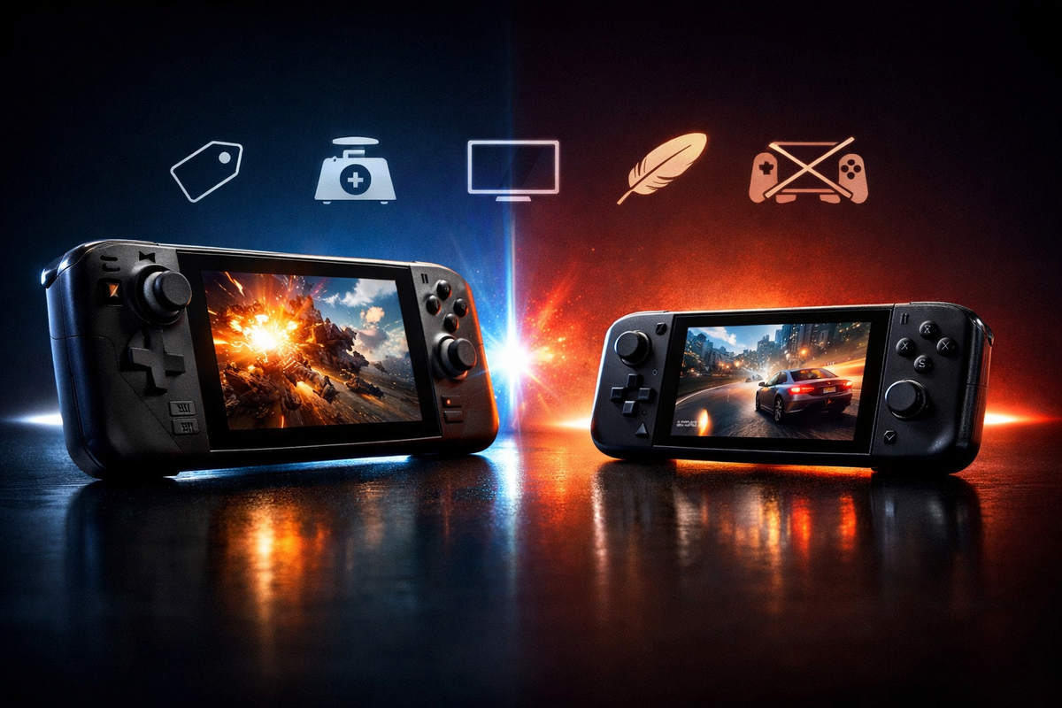 Two unbranded handheld consoles facing off on a glossy stage—compact vs standard vibe, crisp spec icons, high-stakes comparison energy, decisive choice tension