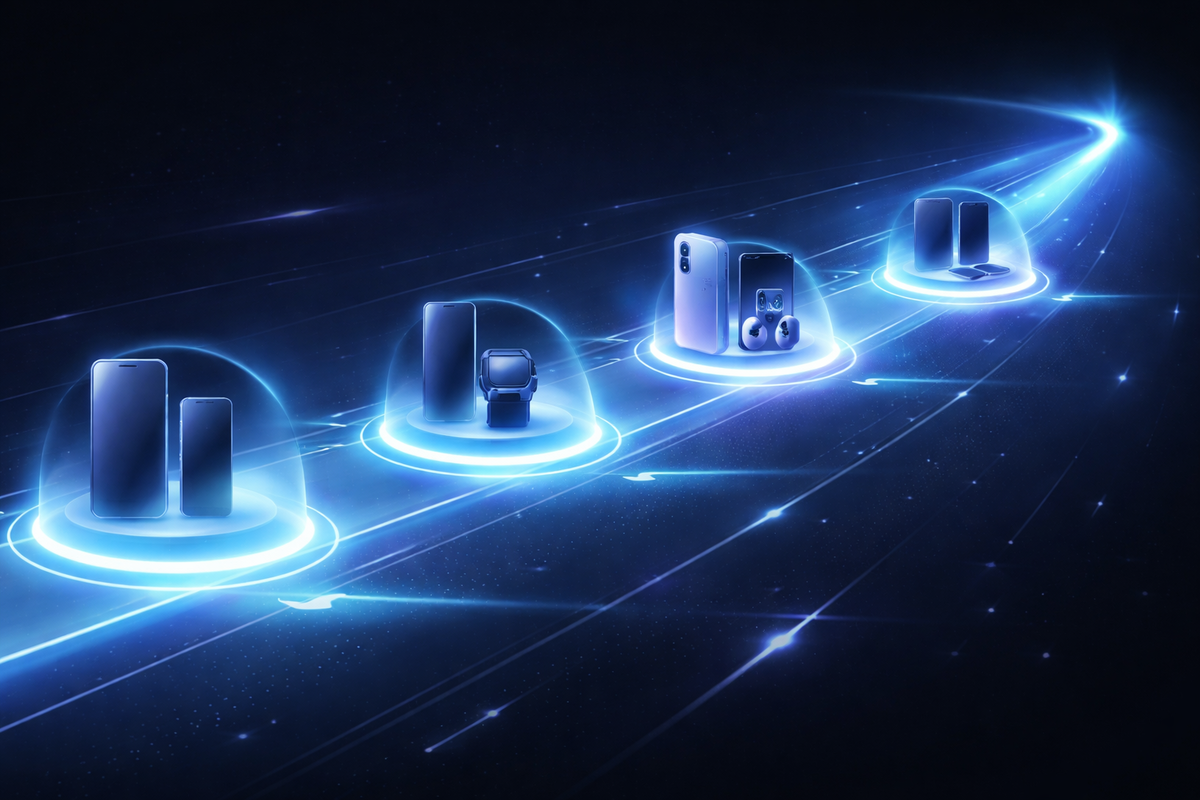 Futuristic neon roadmap with glowing timeline nodes and evolving device silhouettes—strategic rollout vision, sleek momentum, confident “next phase is coming” excitement