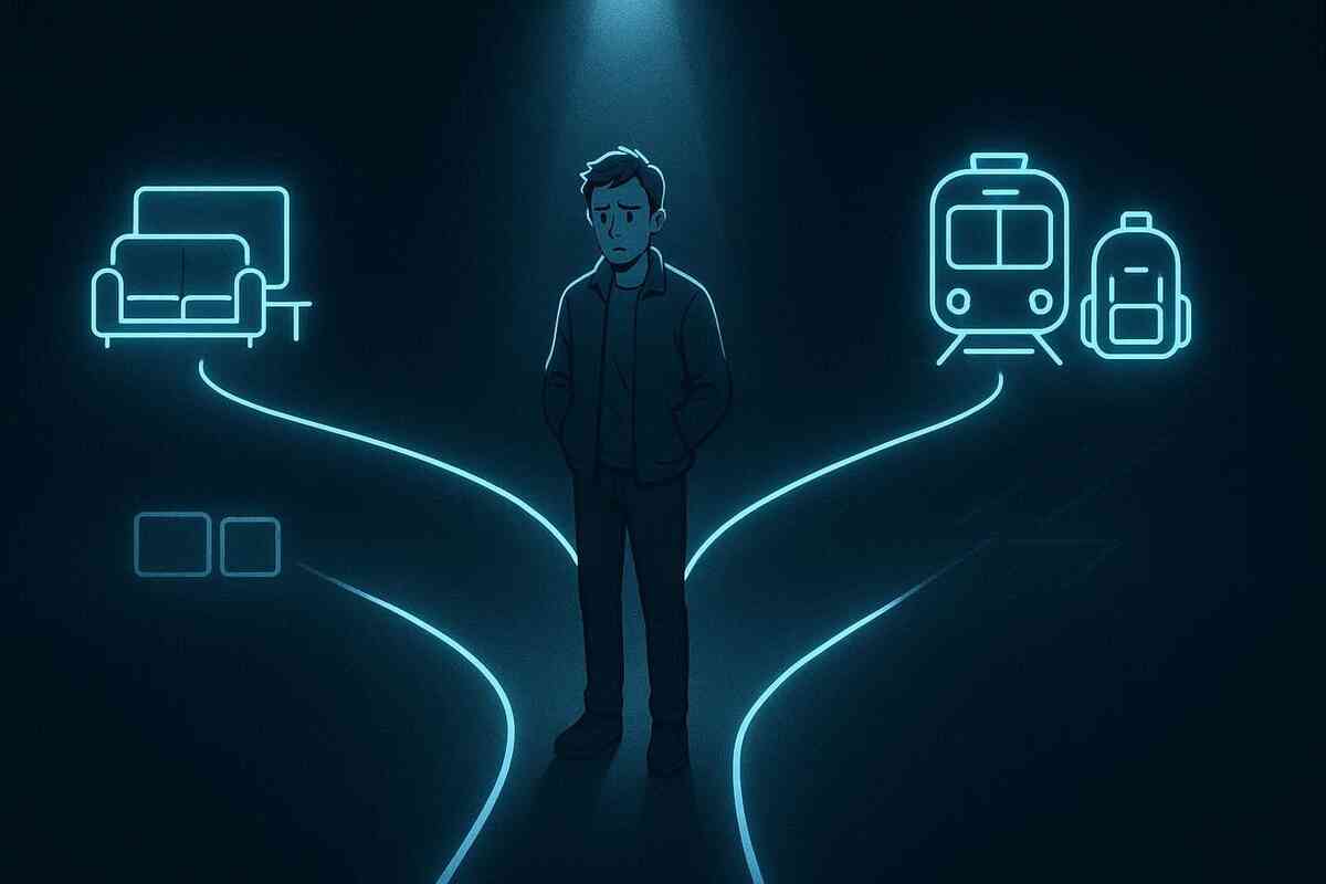 Moody crossroads decision scene—home couch vs commuter train paths glowing in blue light, conflicted expression, anxious clarity, “buy now or wait” dilemma