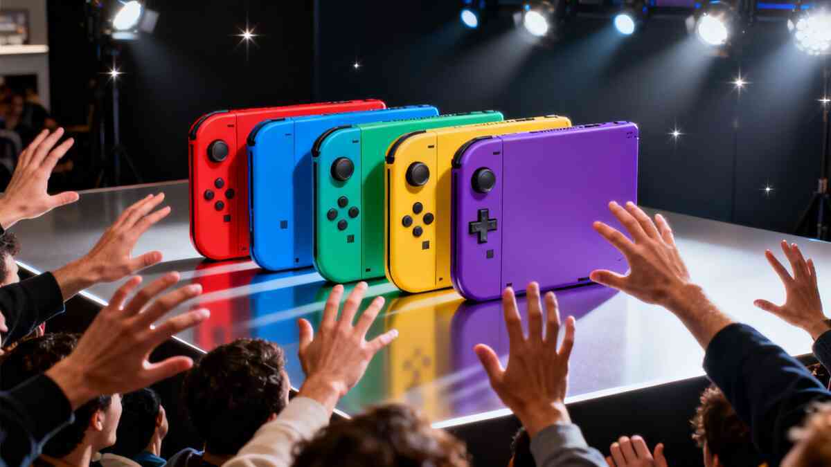Bright lineup of colorful compact handhelds under spotlight—crowd hands reaching in raw excitement, limited-drop frenzy, thrilling fear-of-missing-out energy