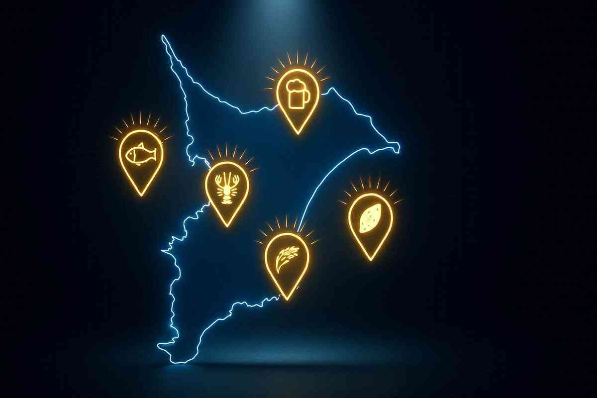 Neon-outline Chiba map with five glowing hot pins—seafood, lobster, beer, sweet potato, rice—treasure-hunt excitement and confident “top picks” clarity