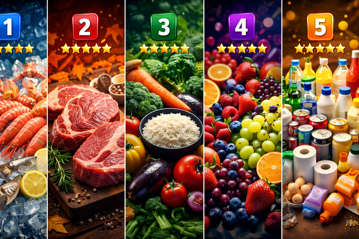 Five-panel category ranking banner—seafood, meat, rice & veggies, fruit, daily essentials—star-rated temptation with a bold “pick your winner” thrill