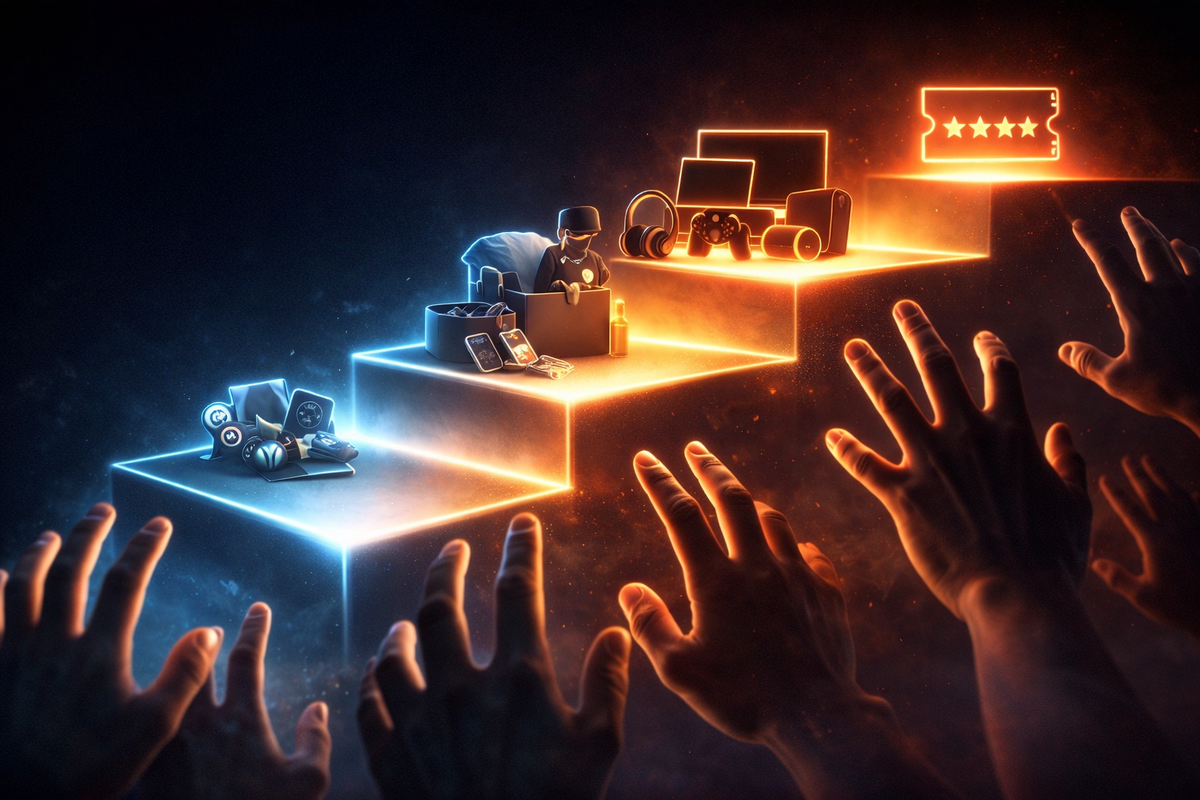 Glowing donation-amount ladder with hands reaching upward—small try → best-value zone → luxury tier—irresistible momentum and can’t-miss-it urgency