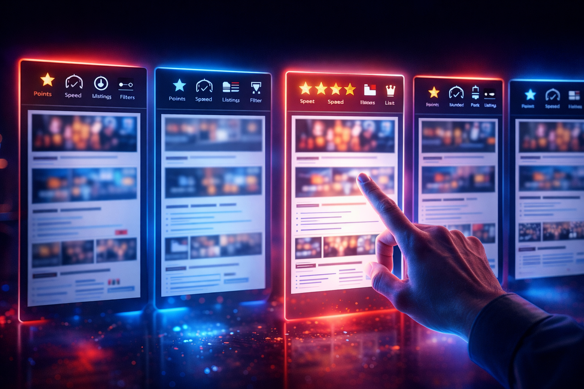 Website platform face-off—points, speed, listings, filters in neon panels with a decisive fingertip choice—sharp comparison energy and money-smart confidence