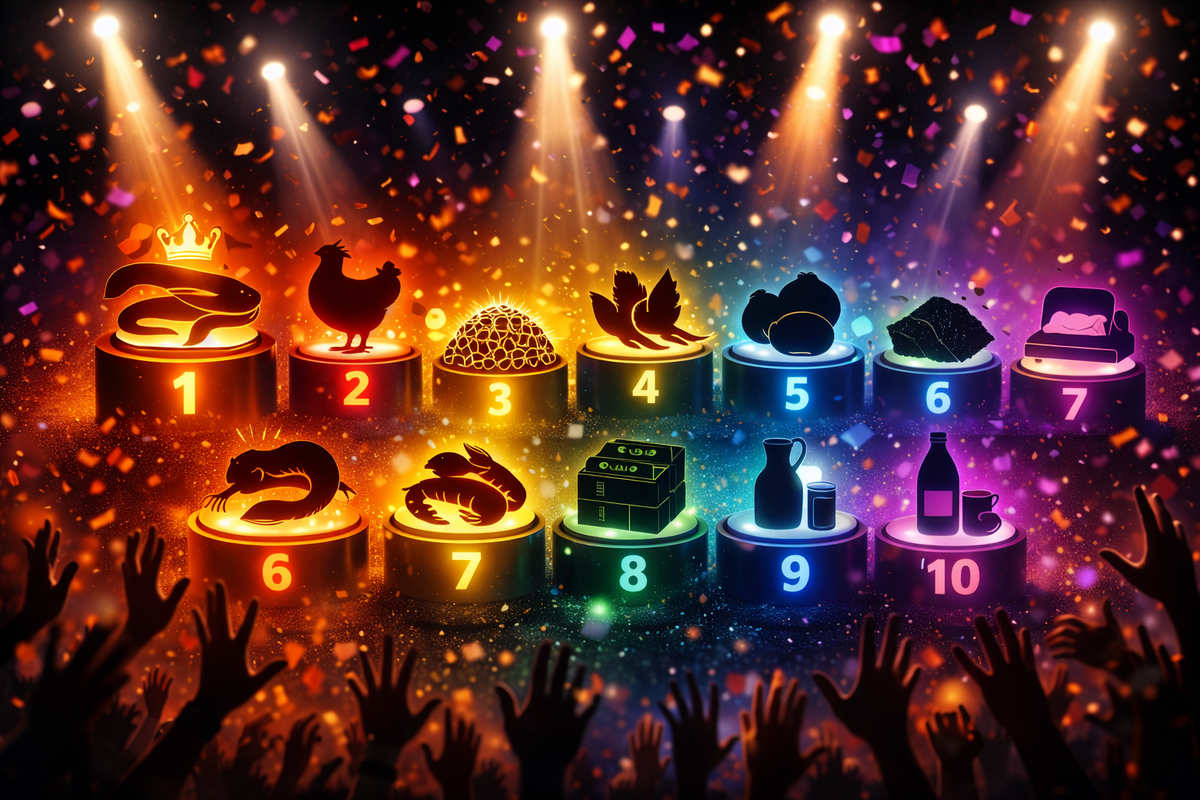Confetti-drenched Top 10 podium stage with glowing reward silhouettes—crowd-hype energy, winner’s spotlight, and a can’t-miss ranking rush