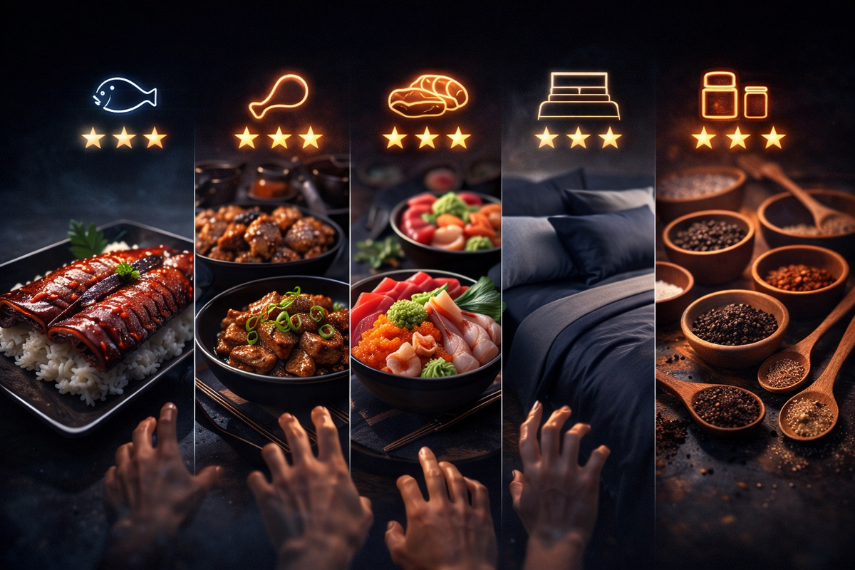 Star-rated category lineup—eel bowl, fried chicken, seafood donburi, cozy bedding, artisan seasonings—hands reaching in hungry excitement, irresistible “pick me now” craving