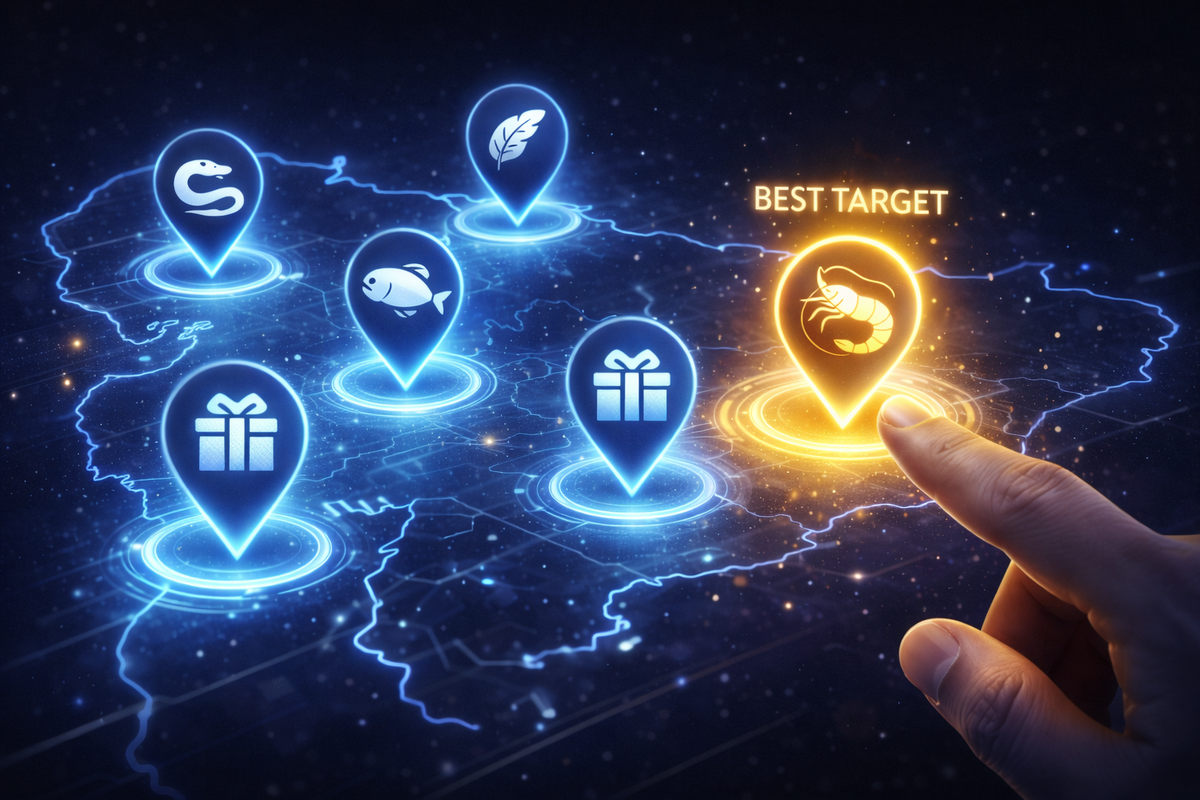 Futuristic Aichi map with neon location pins—finger locking onto the best target hotspot, laser-focused confidence and strategic “this is the one” certainty