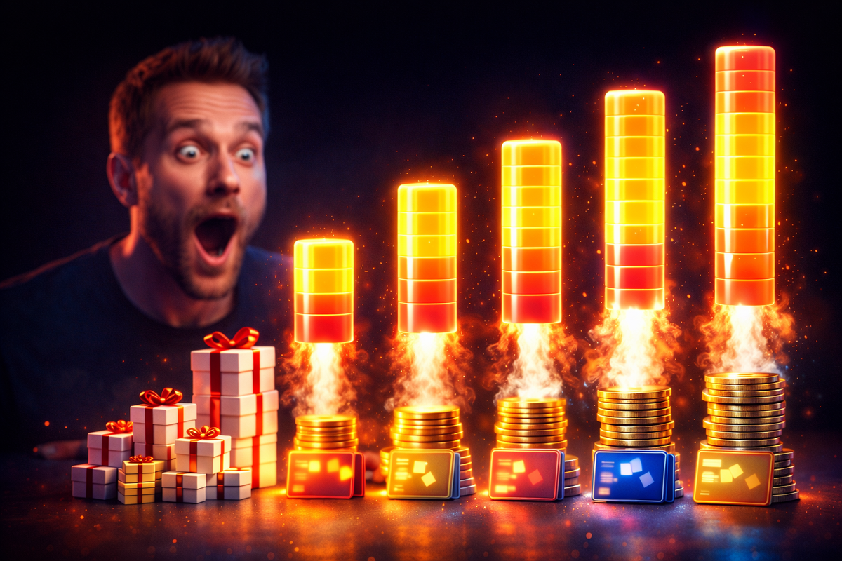Return-rate bars launching like rockets above coin stacks and gift boxes—jaw-drop disbelief, jackpot vibes, and electric “I’m winning” satisfaction
