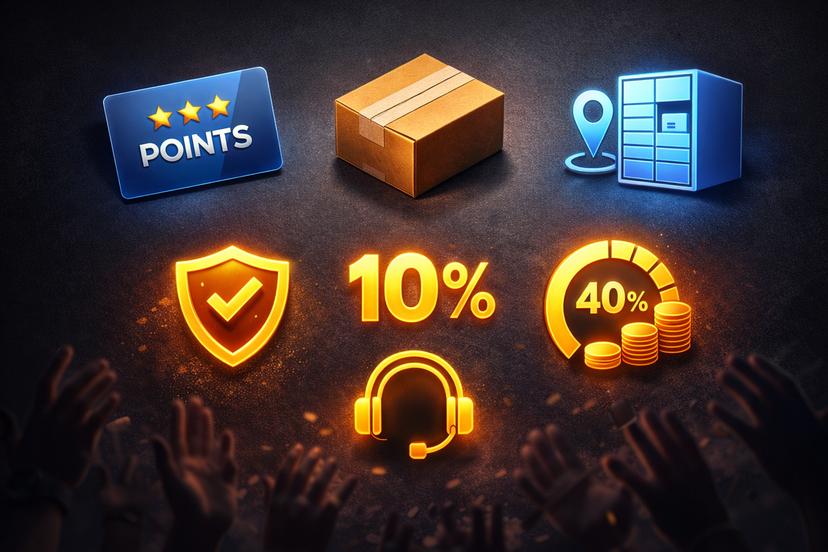 Glowing grid of perks—points card, shipping box, pickup map pin, support headset, warranty shield, and shining 10% reward badge—crowd hands reaching up, intense value hunger, trust and excitement radiating