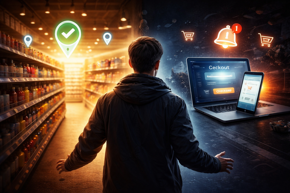 Split reality of store aisle and glowing laptop checkout—one shopper caught between in-person light and digital shadows, icons for alerts and carts floating—decisive modern dilemma, emotional tension of choosing right now
