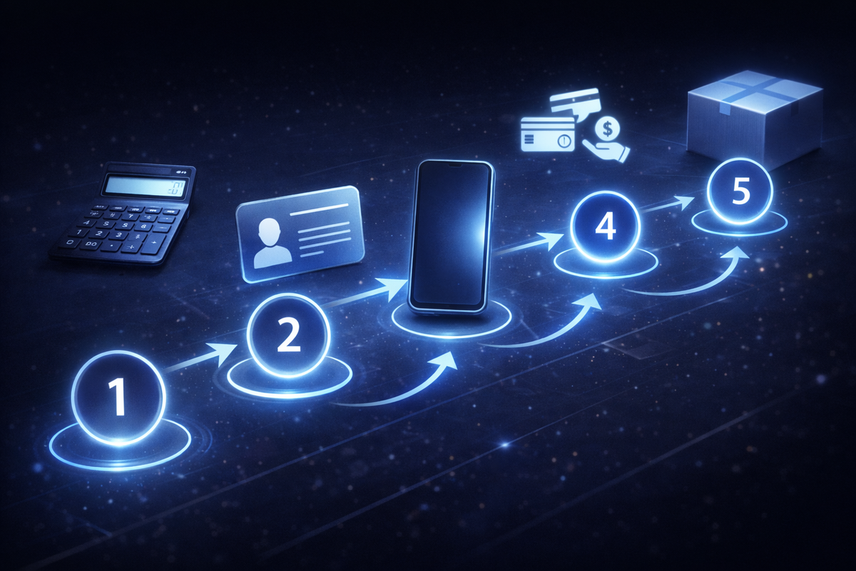 Sleek neon-blue flowchart on dark surface—calculator, ID, smartphone, payment icons, and delivery box linked by numbered arrows—crystal-clear process, futuristic calm and control vibe