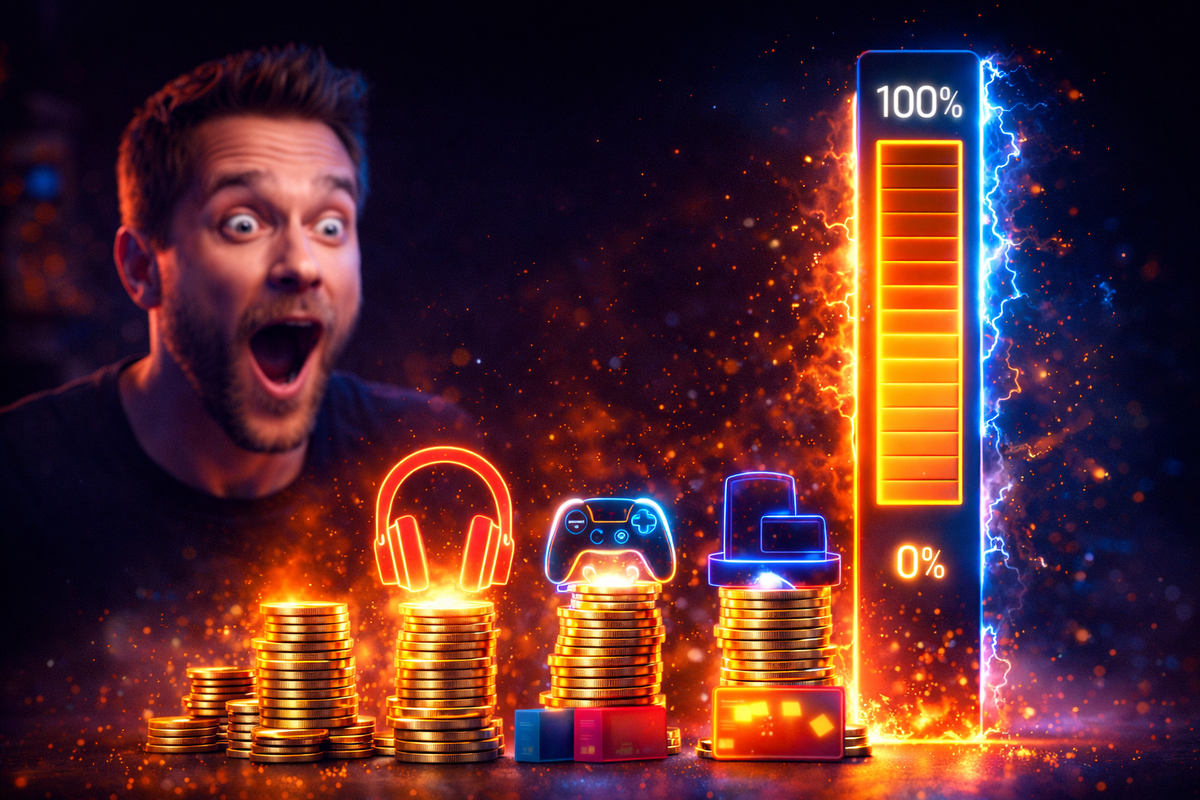Thrilled man in fiery glow watching coin stacks rise beside neon gaming icons—headphones, controller, dock—towering 100% bar blazing electric energy, pure satisfaction and triumph in savings