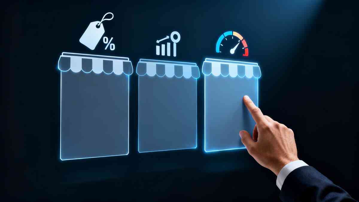 Minimalist holographic storefront lineup—three glowing shop icons with tags, analytics, and speed meters—hand pointing confidently at the best deal, smart decision clarity and winning momentum