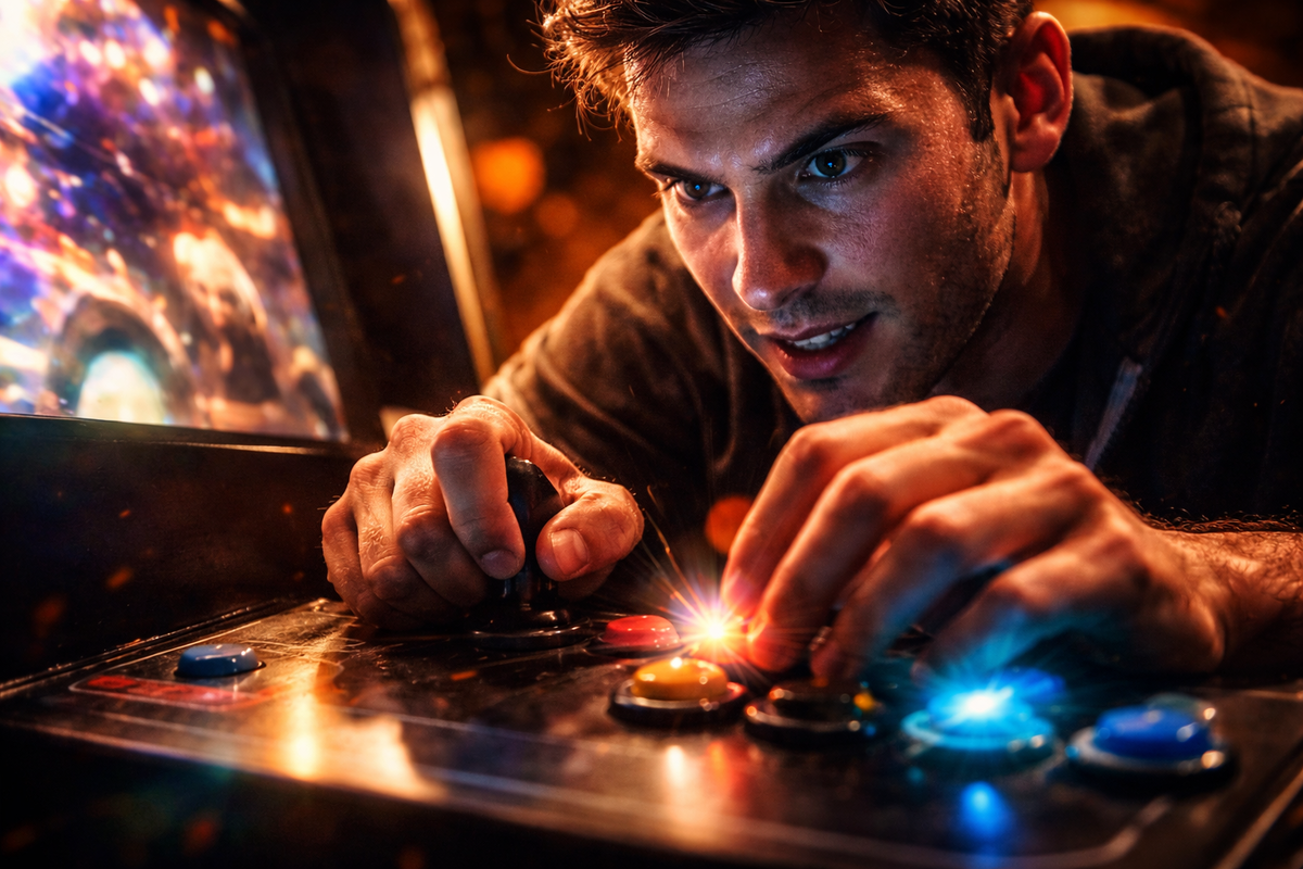 Sweat-and-focus close-up of a player gripping the joystick and mashing glowing buttons—pure arcade intensity, adrenaline rush, nostalgic bite of real controls