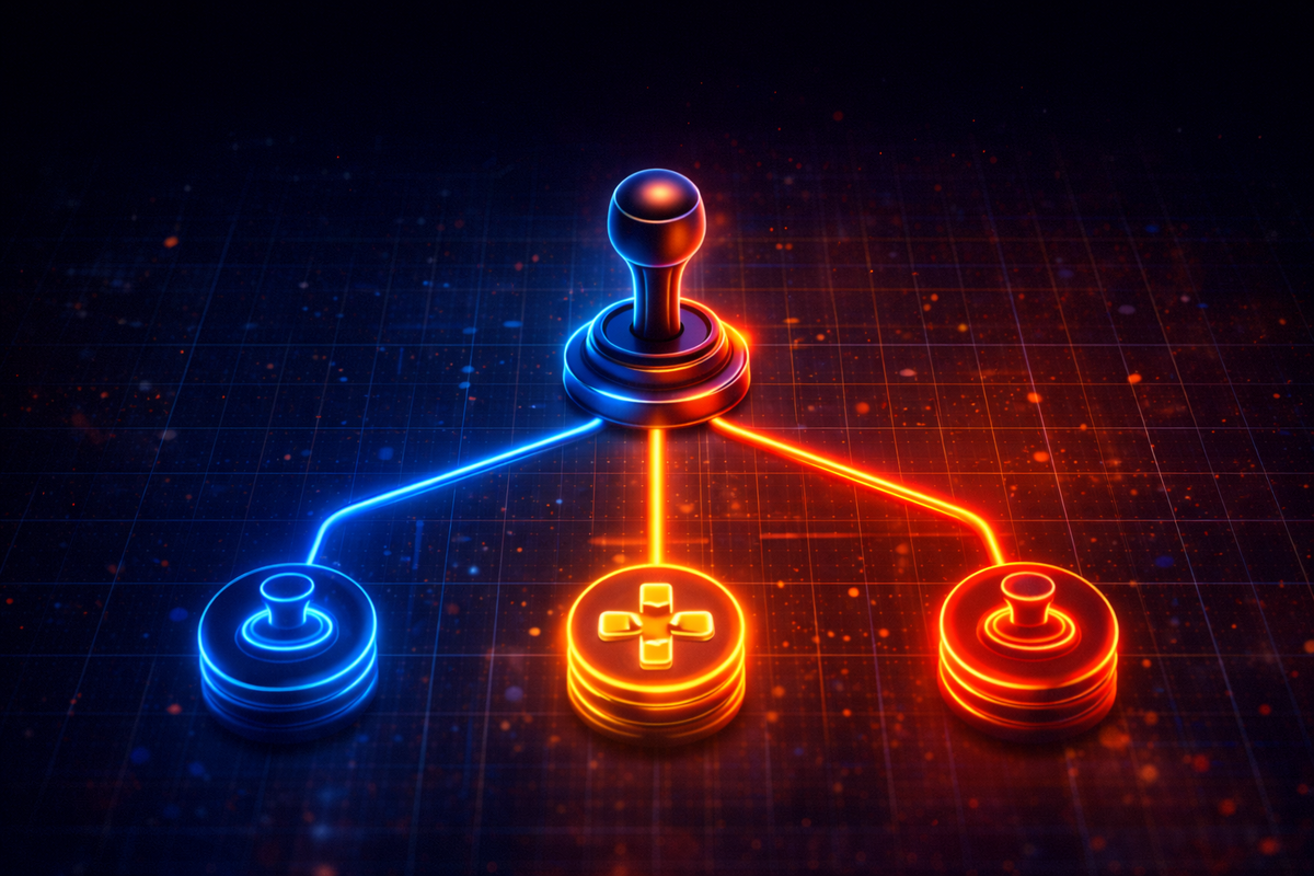 Neon joystick branching into three control modes (stick, D-pad, right-stick)—tactical clarity, switch-on-the-fly confidence, victory-minded customization vibe