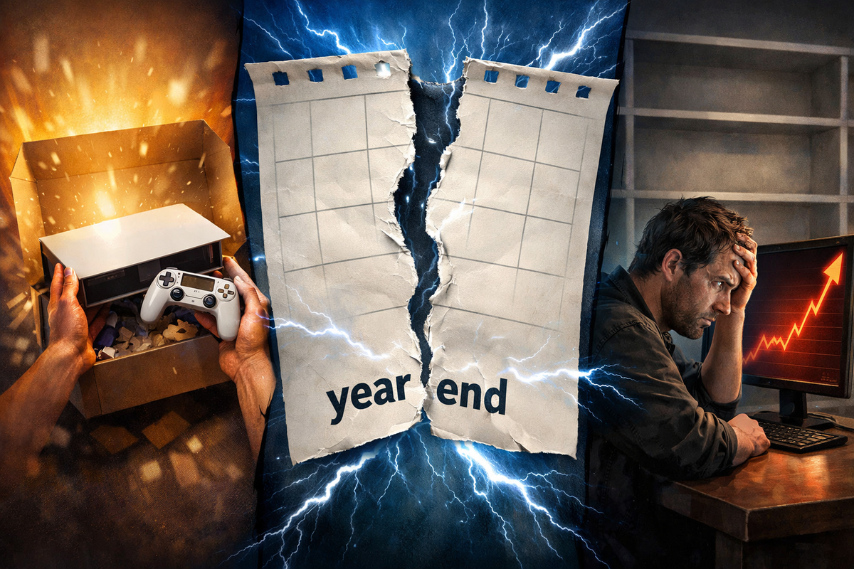 Torn year-end calendar split by electric lightning—left: ecstatic unboxing glow, right: stressed buyer watching a soaring price chart, raw FOMO and looming deadline tension