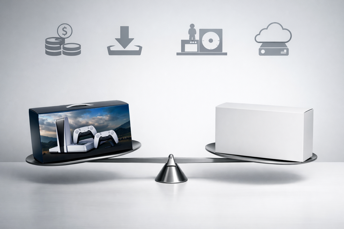 Value showdown on a sleek balance scale—bundle box vs plain box, minimalist icons hovering above, calm-but-decisive “choose wisely” mood with quiet savings satisfaction