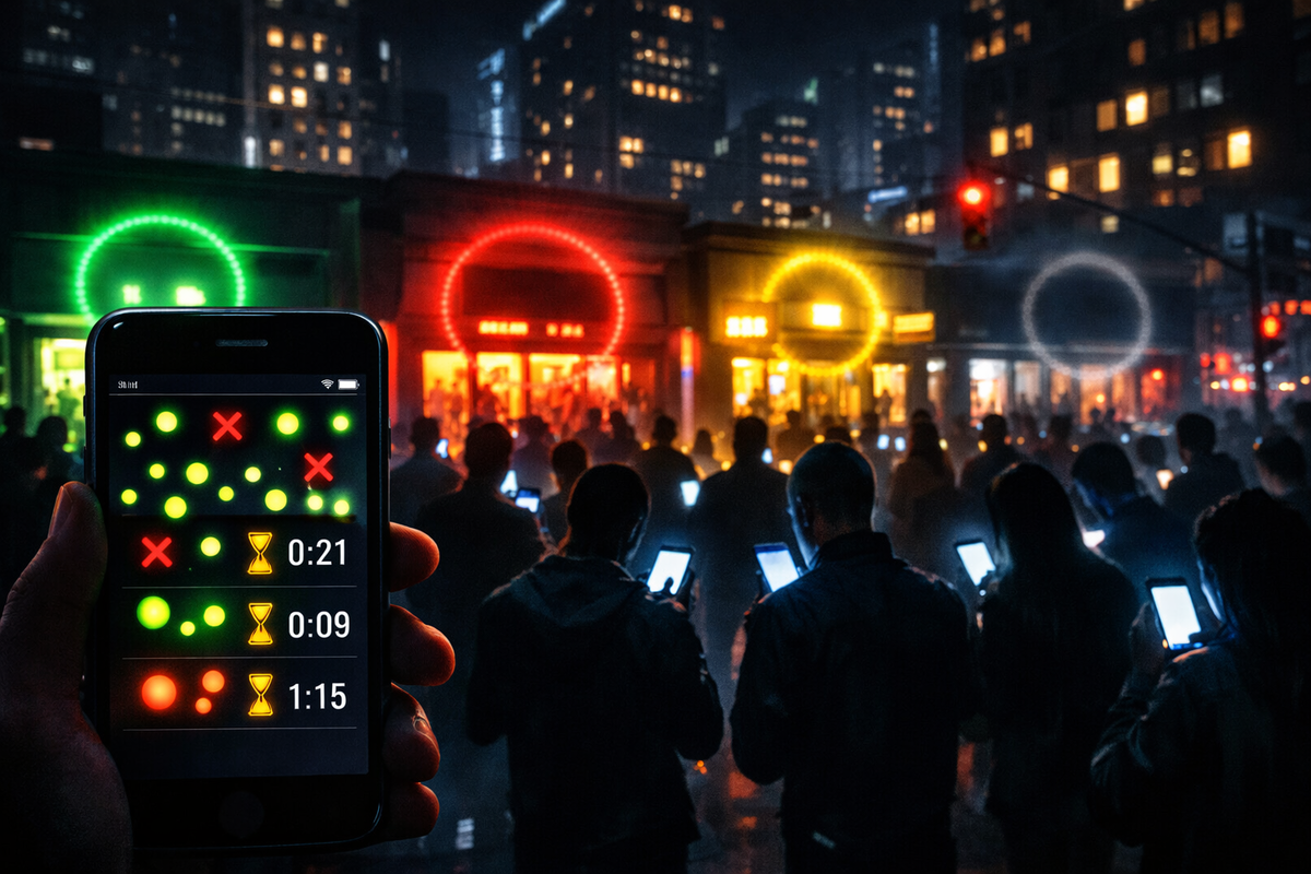 Nighttime stock-hunt crowd under neon storefront rings—handheld phone tracking hotspots and countdowns, anxious anticipation, collective restless energy in a rainy city glow