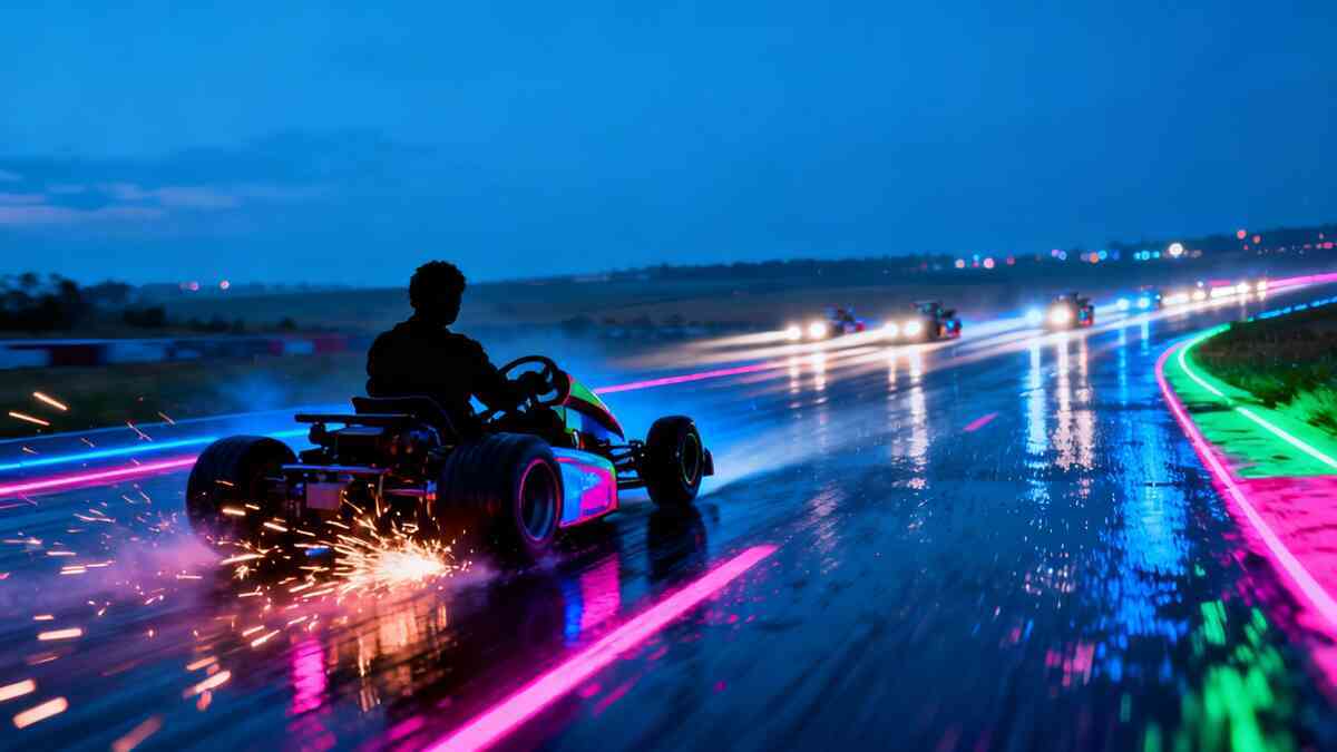 Neon drenched kart race at dusk—silhouette drifting on a rain-slick track with sparks and headlight trails, adrenaline surge, wild freedom, pure speed-chasing exhilaration