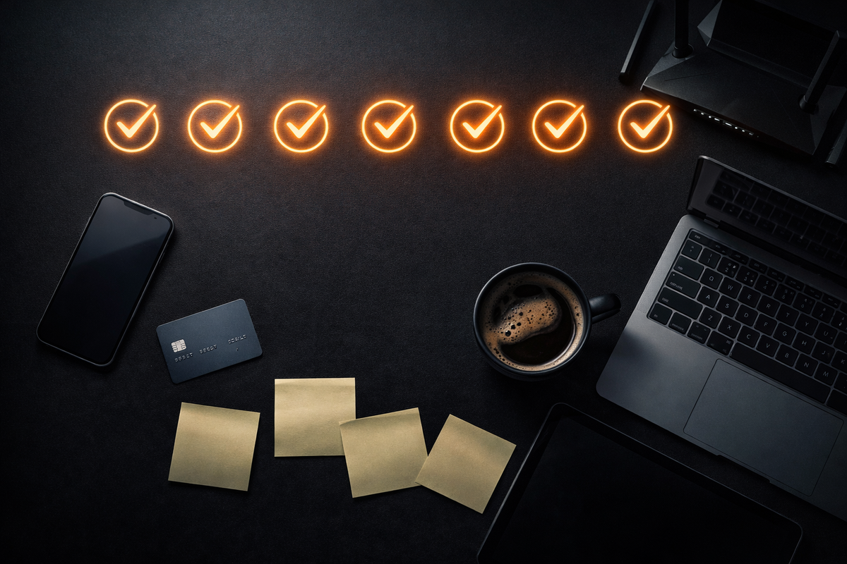 Pre-drop success checklist flat-lay—phone, laptop, router, card, coffee, sticky notes and seven glowing checkmarks, calm control with nervous excitement