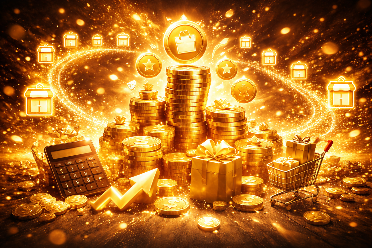 Golden points explosion—coin stacks, reward icons, calculator and shopping cart in a glittering storm, euphoric savings rush and jackpot energy