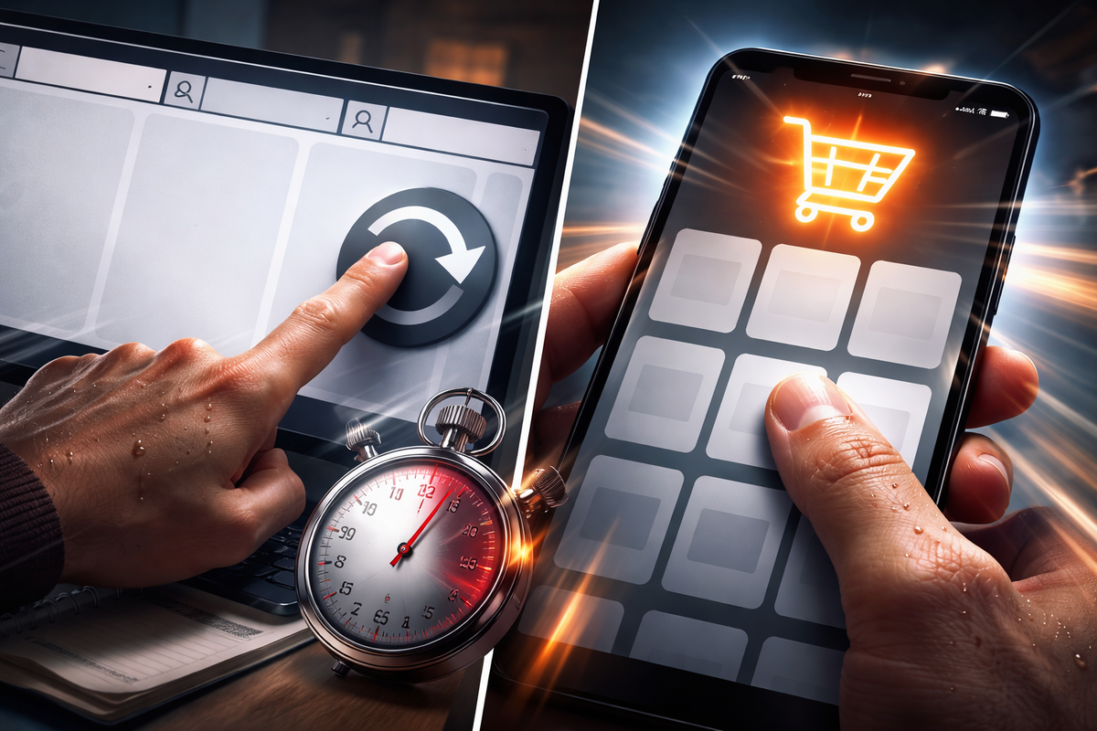 Split-screen checkout battle—finger slamming refresh on a laptop, thumb racing to a glowing cart on a phone, stopwatch pressure and sweaty do-or-die speed