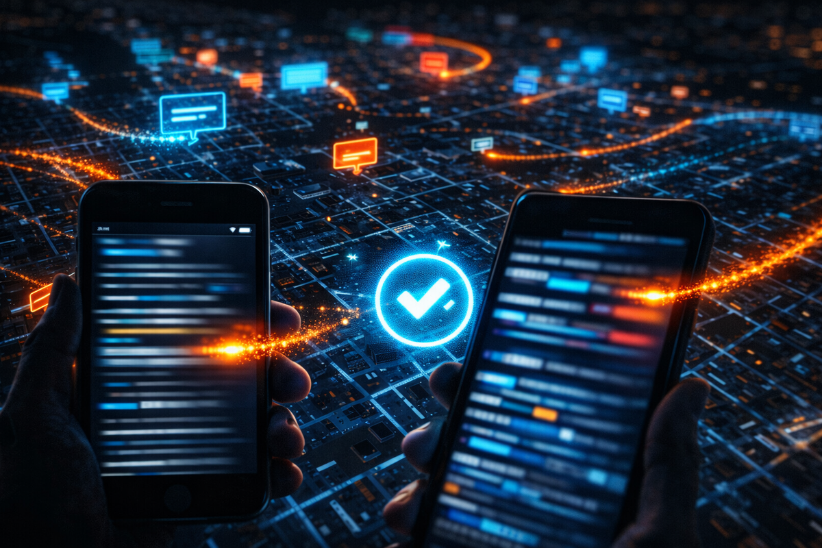 Real-time social intel map—two phones scanning fast-moving alerts over a glowing city grid, verified check symbol at center, sharp vigilance against misinformation