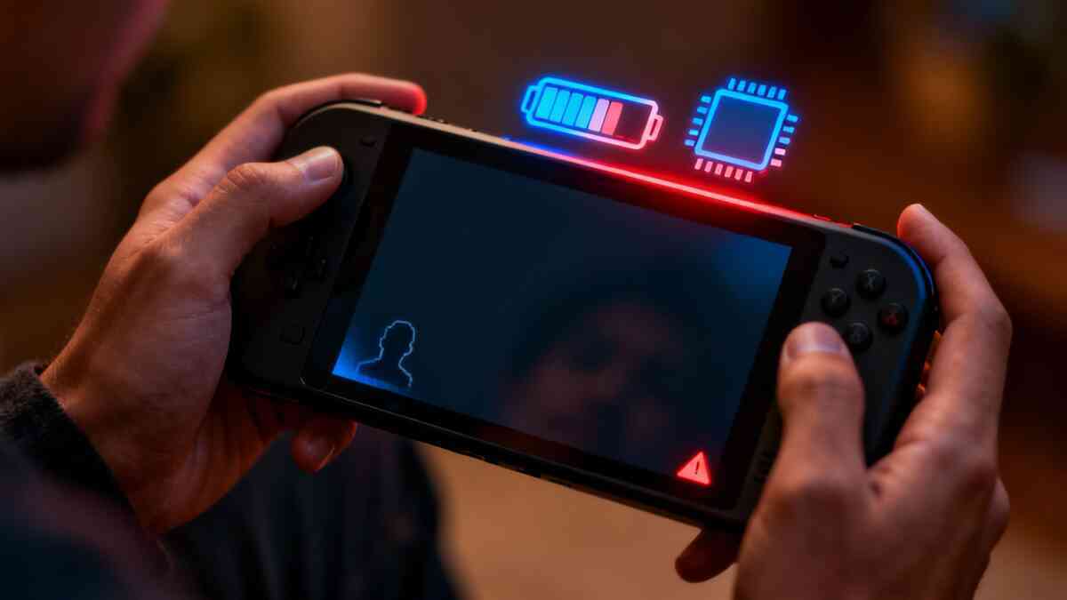 Hands gripping an unbranded handheld under warm room light—deep screen glow with battery and chip icons hovering, cozy immersion mixed with a flicker of worry about burn-in