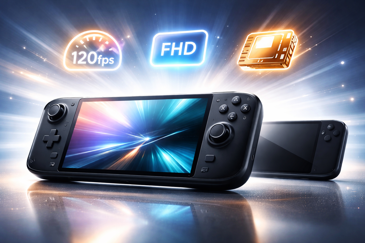 Sleek next-gen handheld reveal with glowing 120fps and FHD icons—fast, sharp, confidence-boosting performance energy with a premium futuristic shine