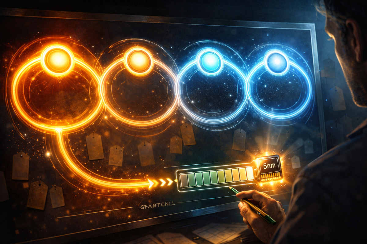 Glowing timeline rings and a rising battery bar powered by a tiny 5nm chip icon—data-driven optimism, patient hope, and a calculated 2027 forecast mood