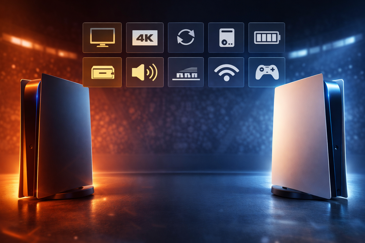 Head-to-head console showdown with a grid of feature icons—warm vs cool lighting, crisp clarity, and decisive “which one wins” tension