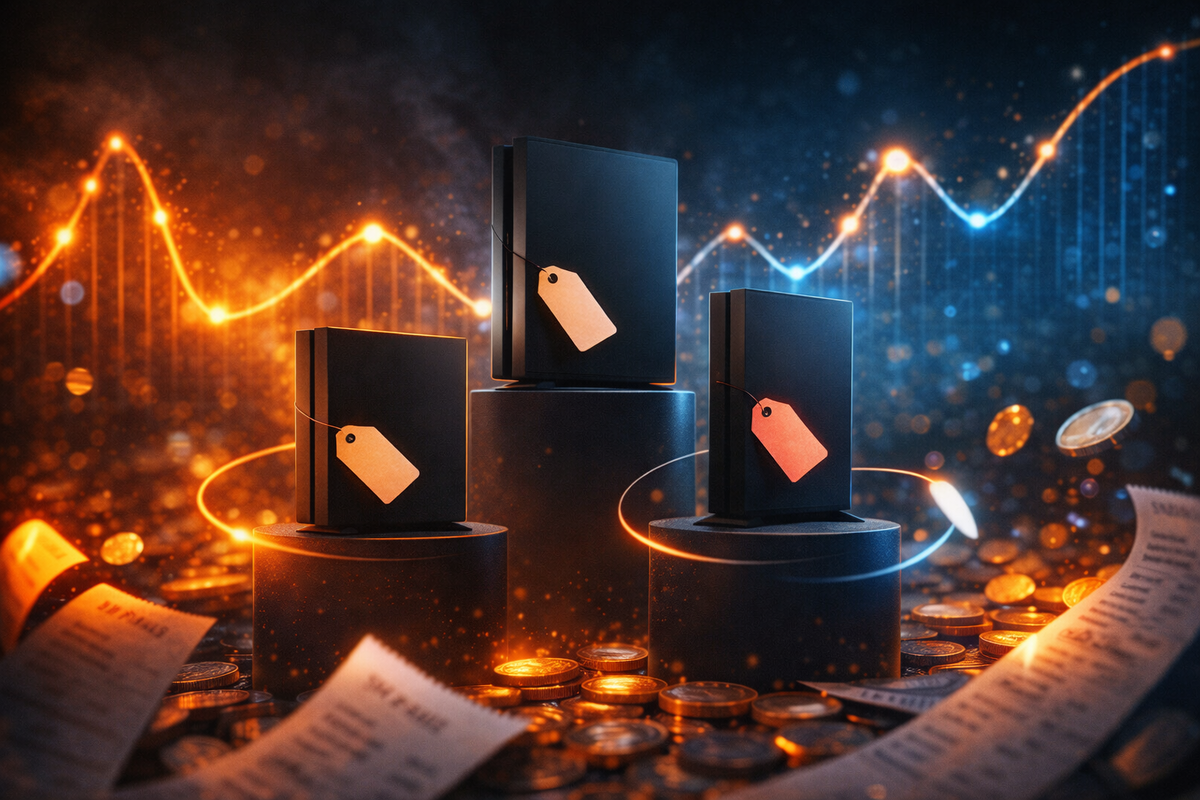 Three console boxes on podiums with blank price tags and a wavering graph behind—fear of overpaying, deal-hunting excitement, and smart-buy relief in one frame