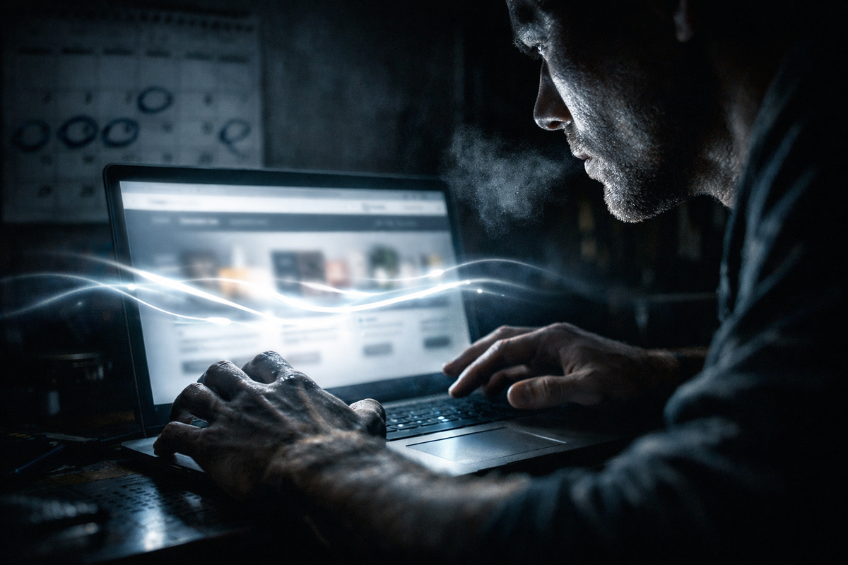 Late-night online buying tension—focused hands on a glowing laptop, cold breath in the dark, electric restock energy, obsession, urgency, and sleepless determination