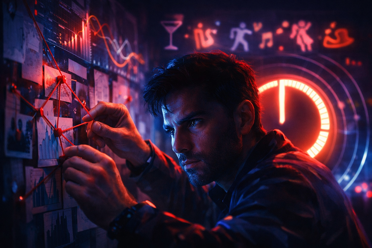 Data-driven obsession scene—intense man connecting clues on a wall with red threads, glowing charts and countdown clock, sharp focus, strategy, pressure, and analytical adrenaline