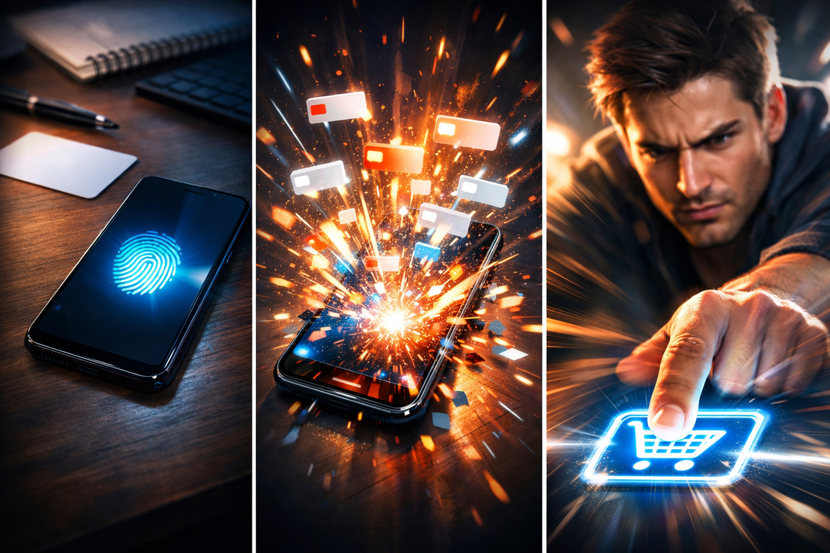 Three-step instant-purchase rush—fingerprint login, notification explosion, and decisive cart tap, explosive speed, split-second judgment, and high-stakes digital action