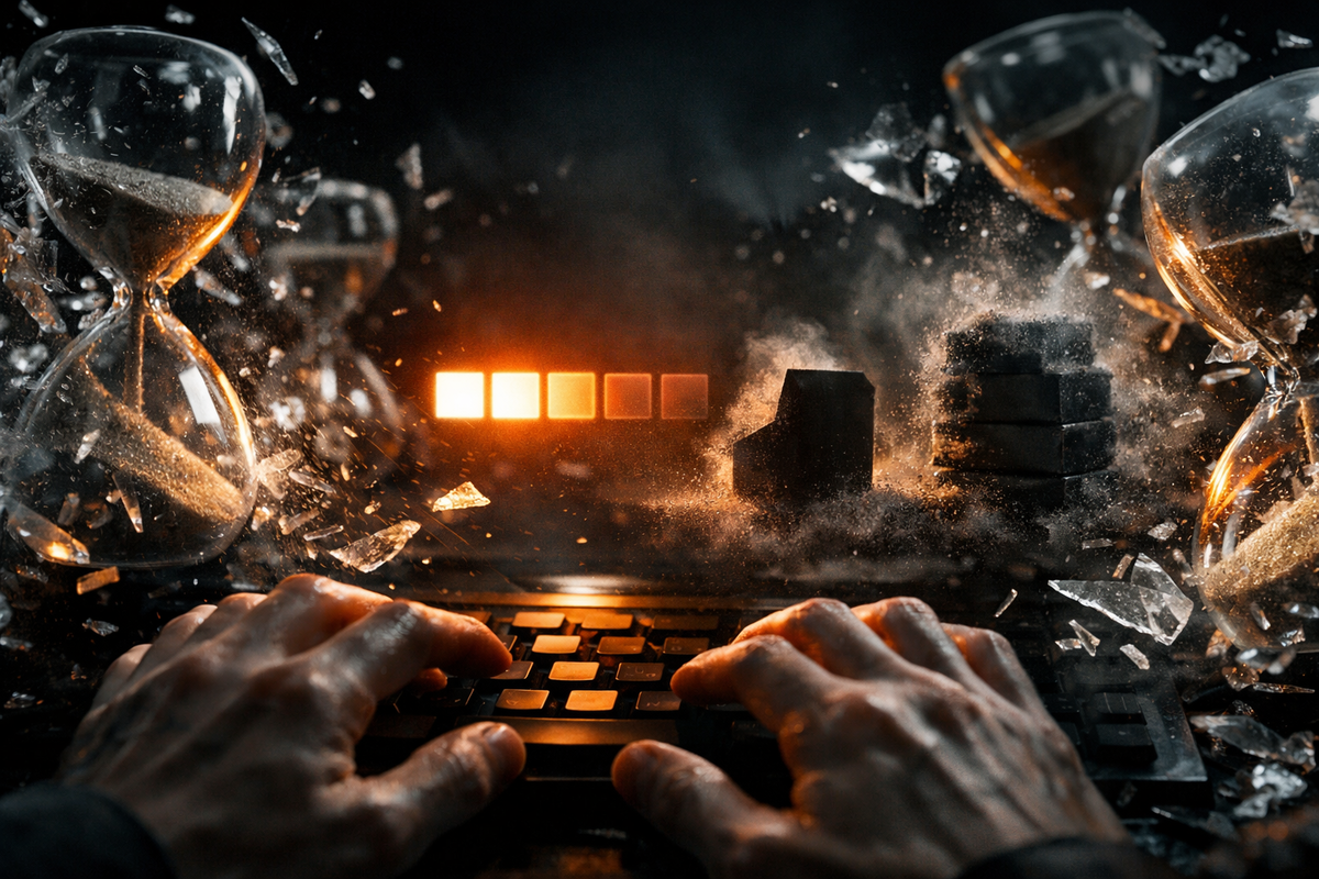 Time running out—shattered hourglasses, fading progress blocks, frantic hands on a keyboard, sellout panic, pressure, loss, and the brutality of missed timing