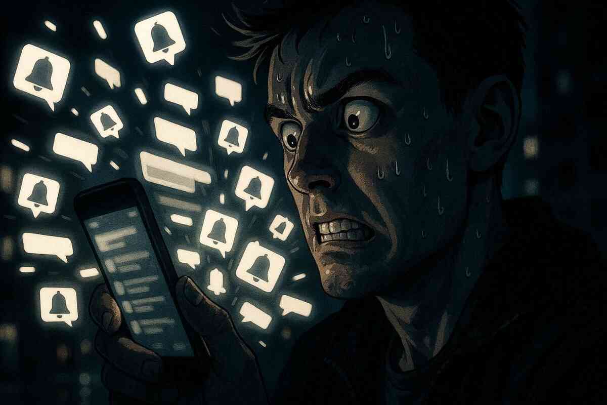 Notification overload panic—wide-eyed face lit by endless alert icons, vibrating smartphone, sweat and shock, fear of missing out, chaos, and information overload