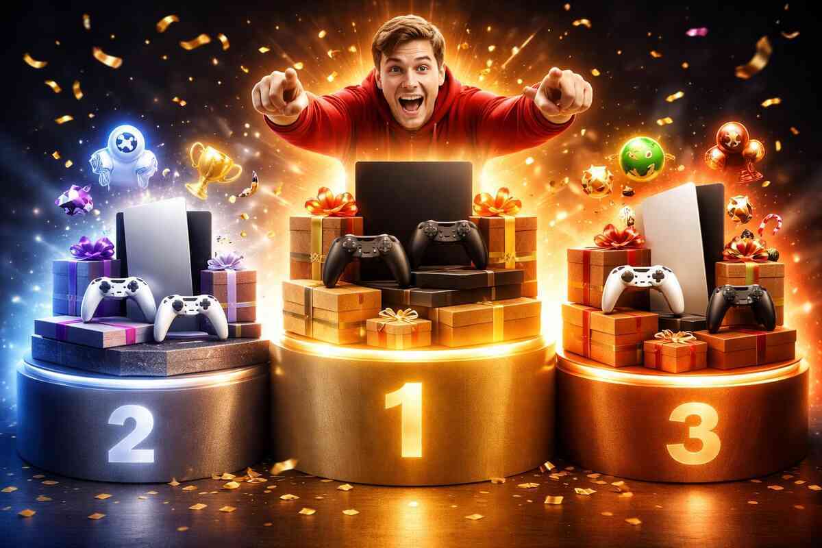 Victory moment ranking—celebratory podium of game console bundles, golden glow, pointing excitement, reward anticipation, triumph, desire, and festive jackpot energy