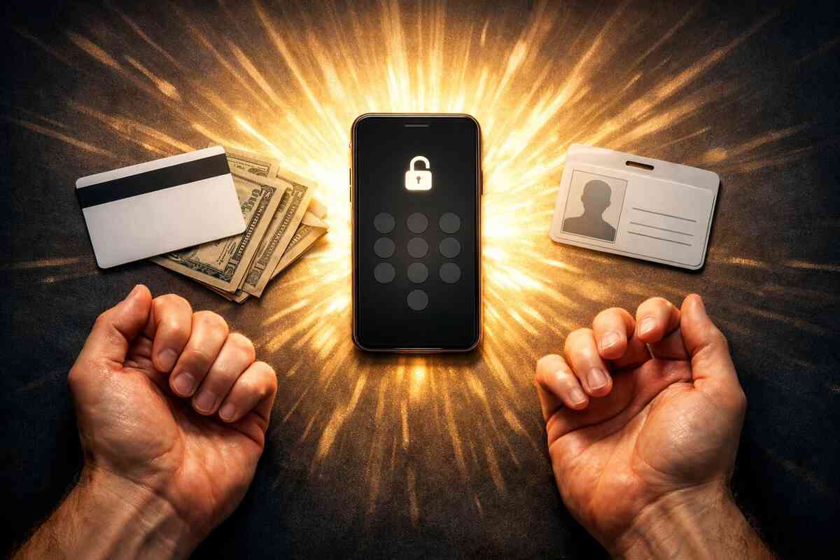 Rules just got shattered—unlocked phone glow between cash, card, and ID, clenched fists turning to relief, “finally I can buy” freedom and victory heat