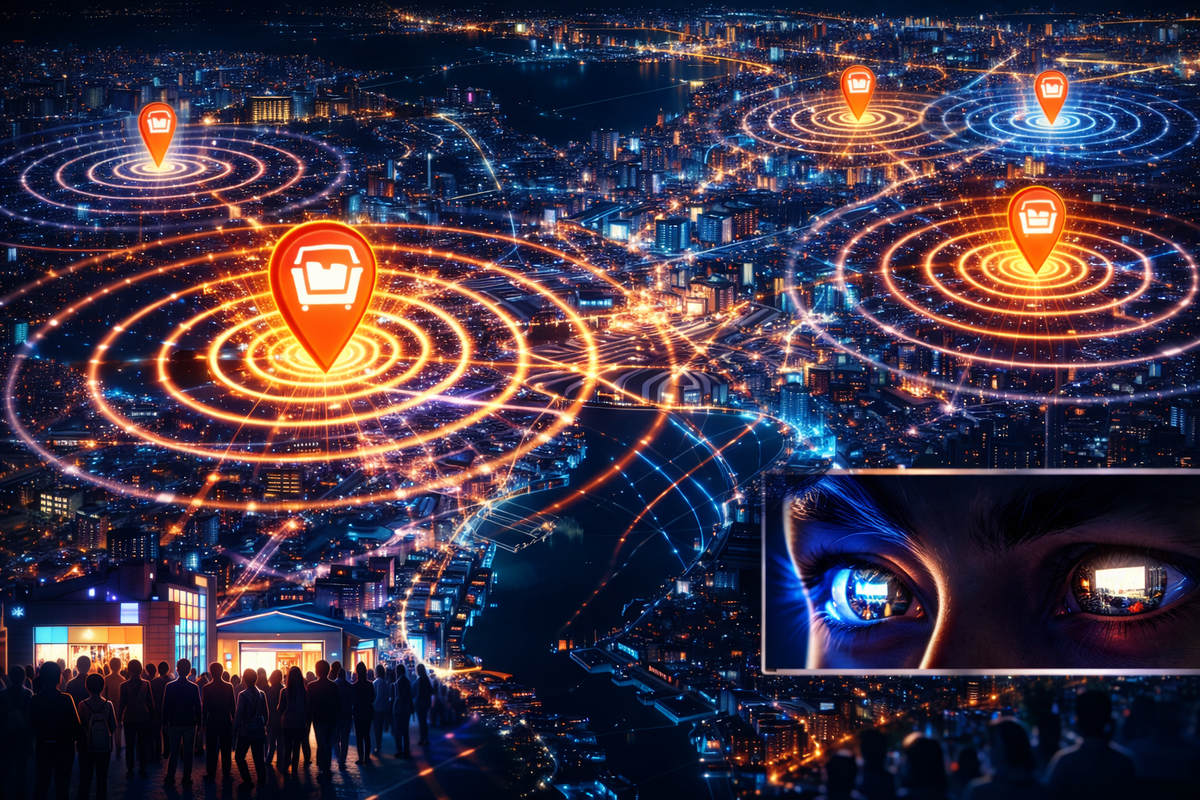 Citywide restock radar—neon store pins pulsing across a night skyline, crowds gathering, eyes locked on the hunt, feverish FOMO and real-time hotspot panic