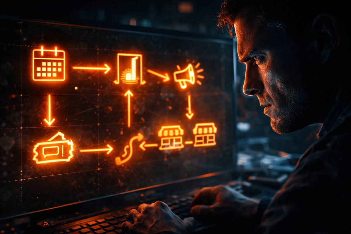 Five-step war plan—glowing icons and arrows on a dark screen as a focused face leans in, ruthless precision, zero hesitation, “move now or lose” intensity