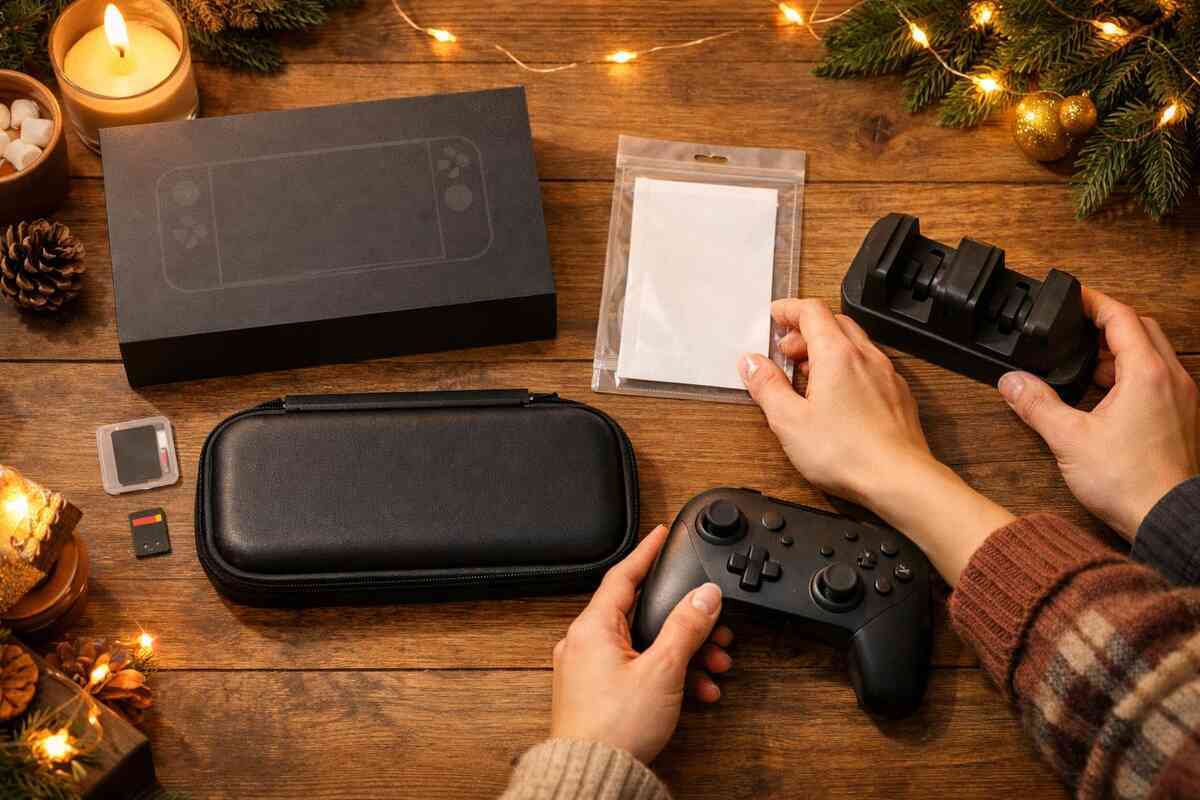 Holiday haul dopamine—cozy table with console box, controller, case, SD card and film, hands arranging the win, warm anticipation and “we got it” joy