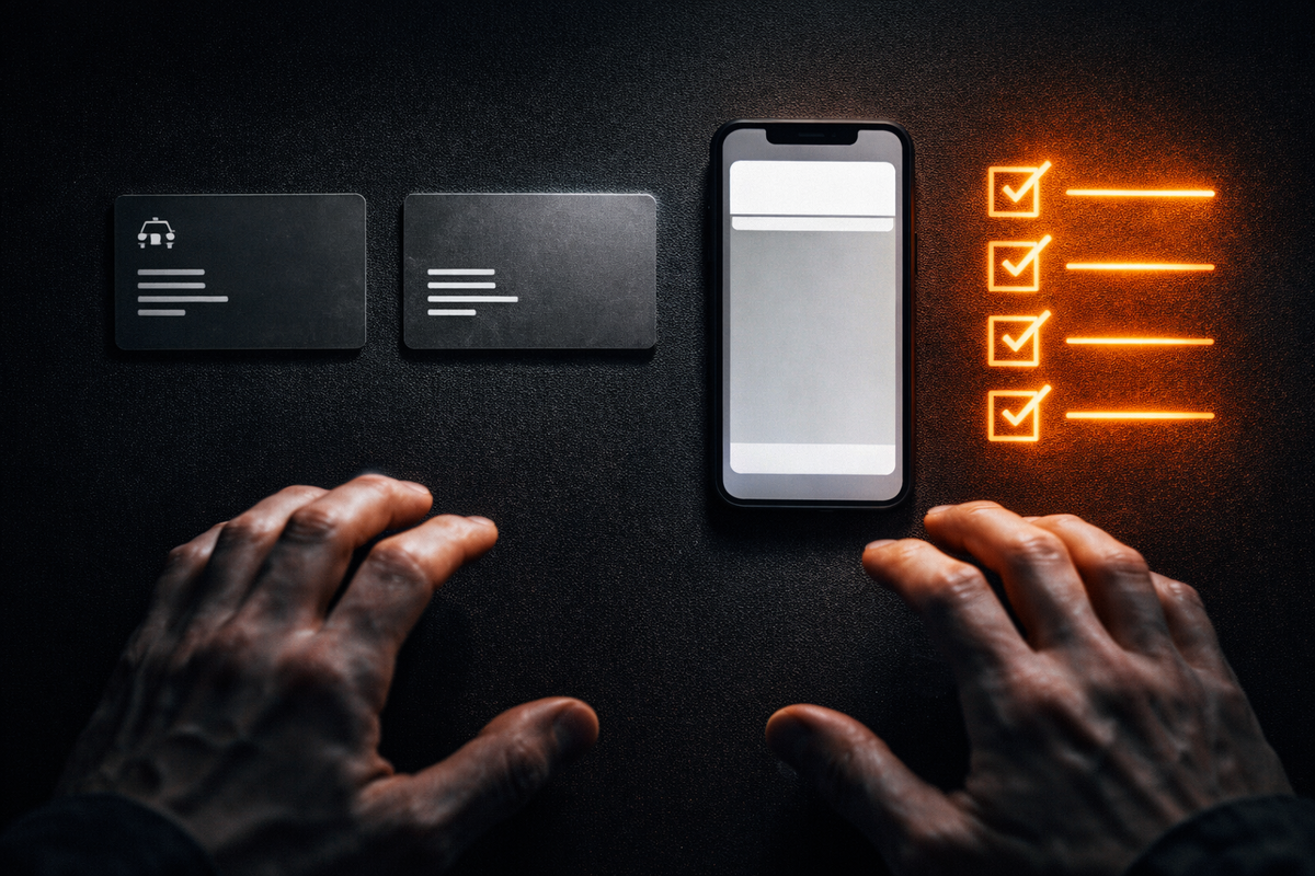 Eligibility checklist pressure—two membership cards, blank app pass on a phone, glowing checkmarks like a countdown, trembling hands, do-or-die readiness energy