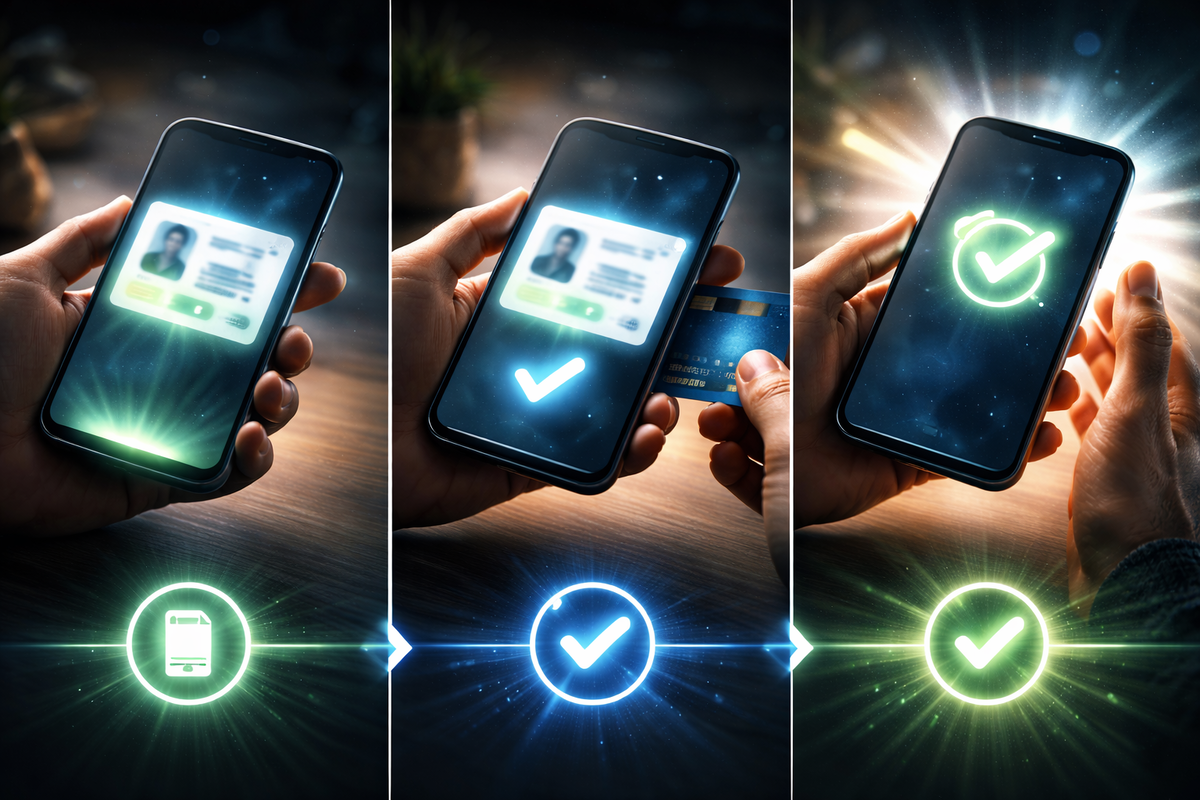 Instant activation win—ID scan → card link → big green check, hands shaking with relief, “I’m finally eligible” dopamine hit in three brutal steps