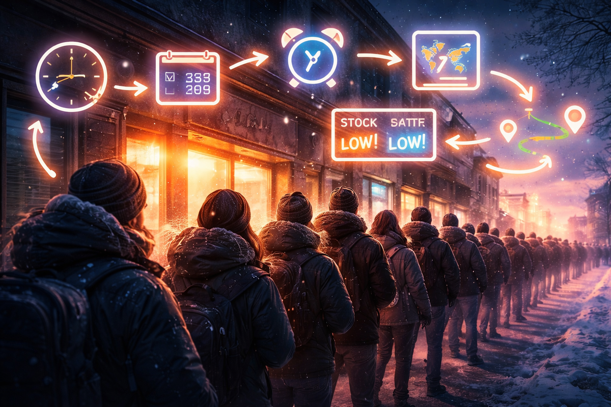 Queue-war strategy map—snowy line outside a store with glowing icons for time, day, alerts, routes, and stock signs, icy breath and ruthless determination to win