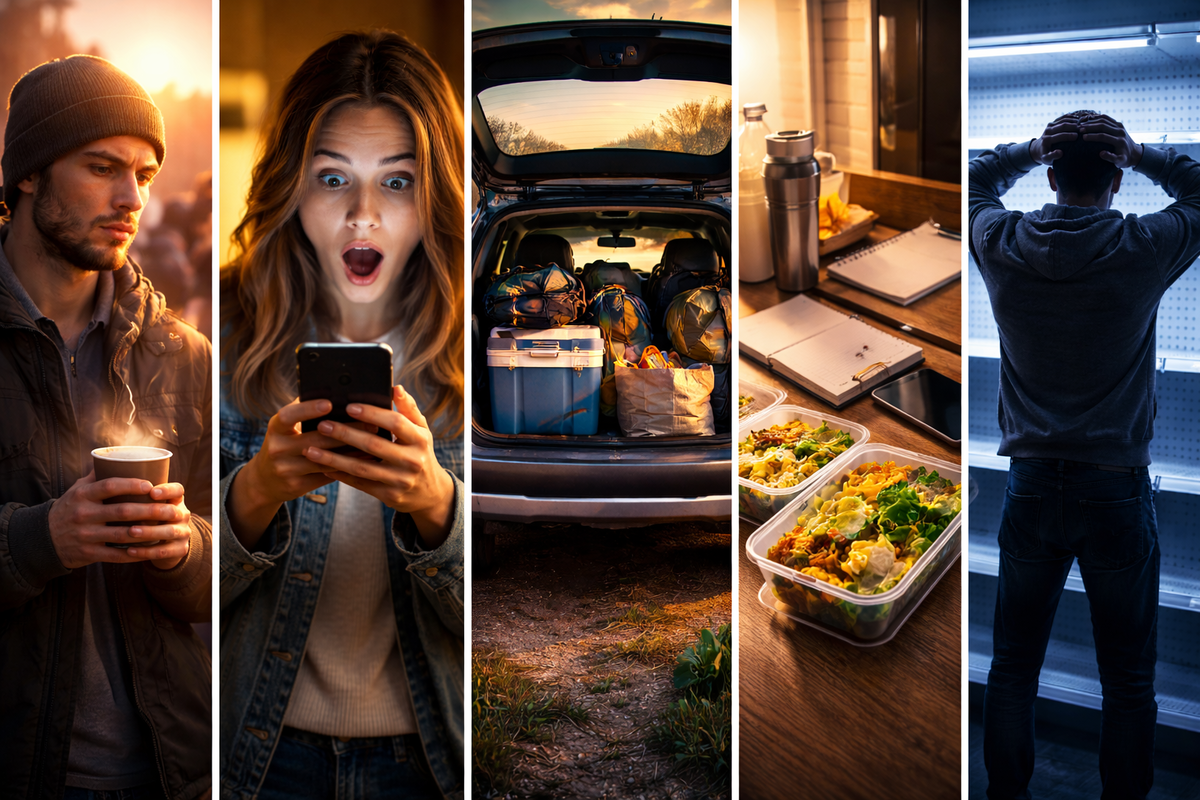 Real stories rollercoaster—coffee-at-dawn grit, shock “I got it” moment, packed car for a supply run, desperate prep notes, and empty-shelf heartbreak in one punchy collage