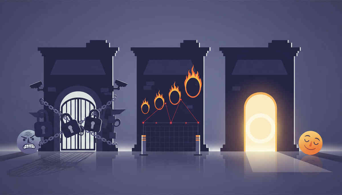 Three-store showdown—locked gates and flaming hurdles vs one glowing open door, frustration vs relief, the brutal “hard mode vs easy mode” buying path visual