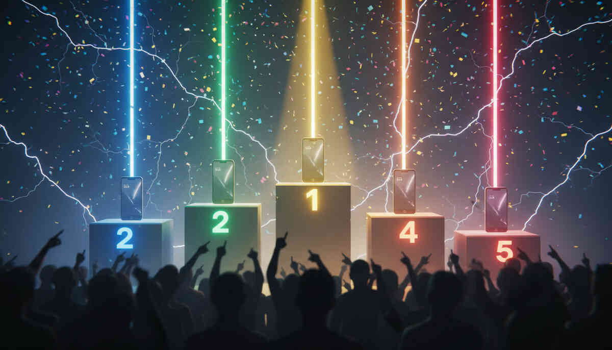 Five unbranded smartphones on a glowing ranking podium with lasers, lightning, and confetti—TOP5 cheapest deals showdown, winner-takes-all hype, pure price-war euphoria
