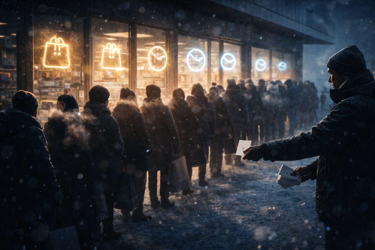 Snowy dawn outside a generic electronics store with a breath-fog line and a staffer handing out tickets—doorbuster tension, freezing patience, heart-racing “will I get one?” urgency
